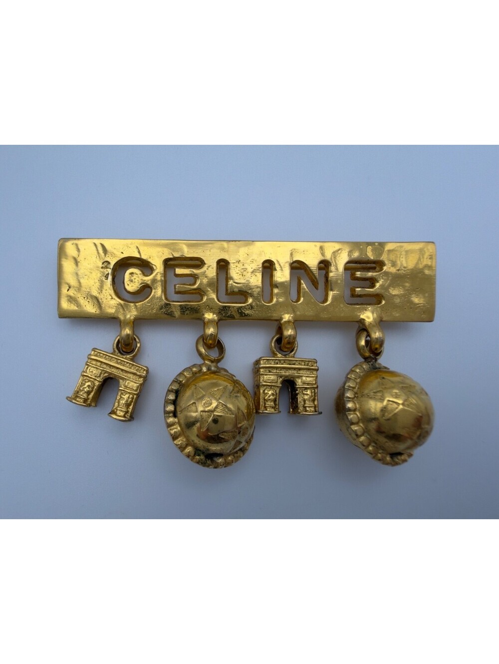 Authentic Vintage Celine Balls & Arc Brooch Pin Gold Plated Rare Italy 1991